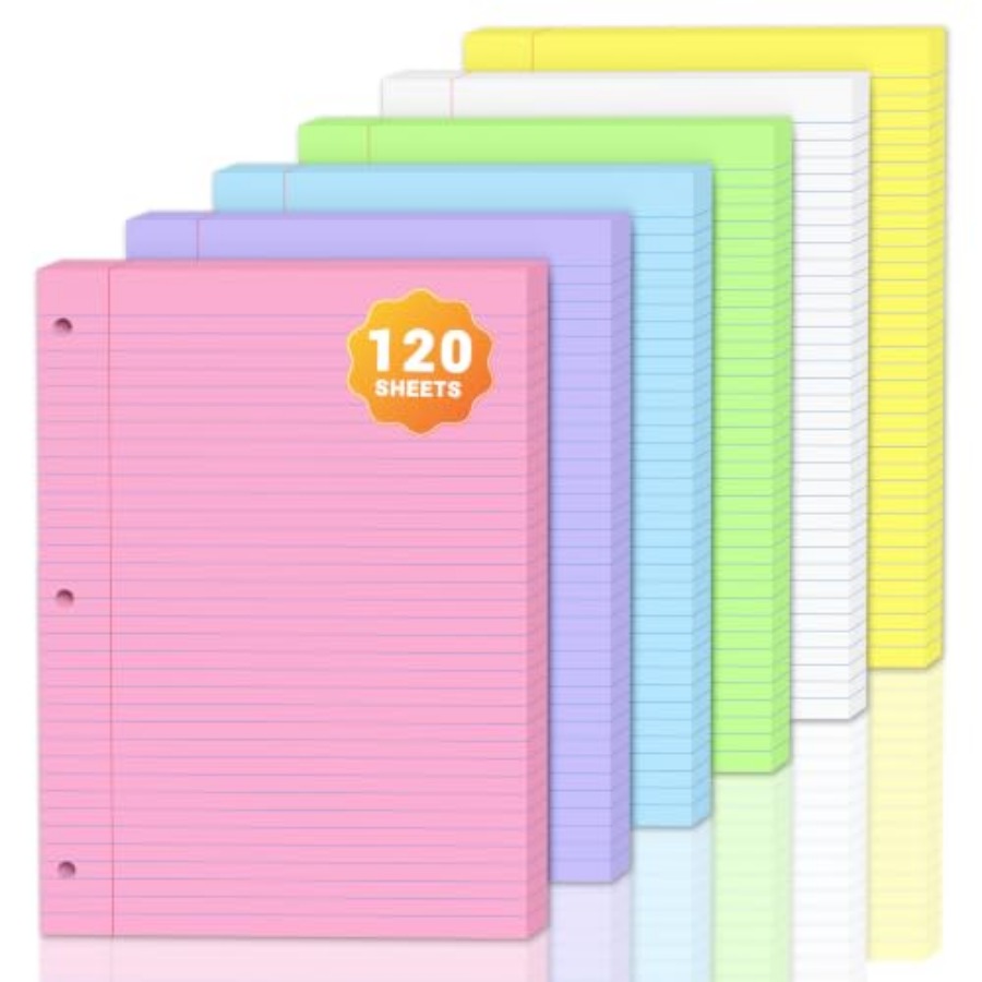 Paper Punch 3 Hole - 120매 컬러 8x10.5인치 루즈리프 용지, 6색